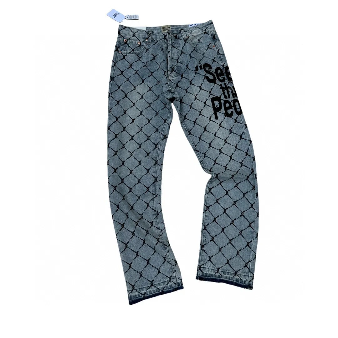 -Size upper body P240#G786 GALLERY DEPT. Steel mesh letter printed slim jeans jeans casual group trendy American slim men's and women's trousers Color: blue Size: S-XXL (corresponding to 28-36)